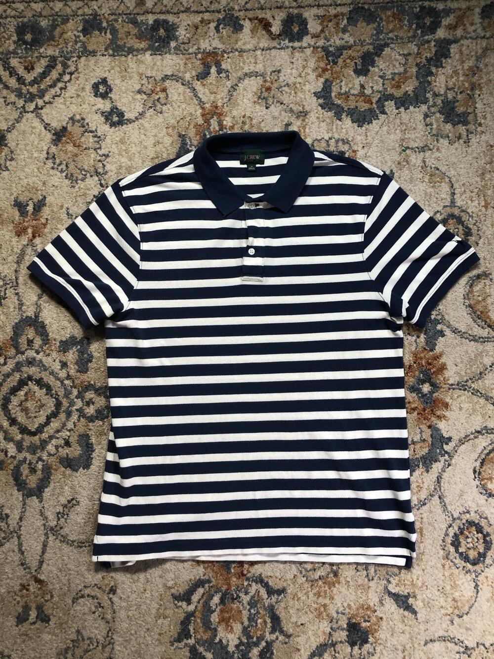 J.Crew Oarsman Polo Shirt Mens Medium Blue White Stripe Knit Short Sleeve Casual